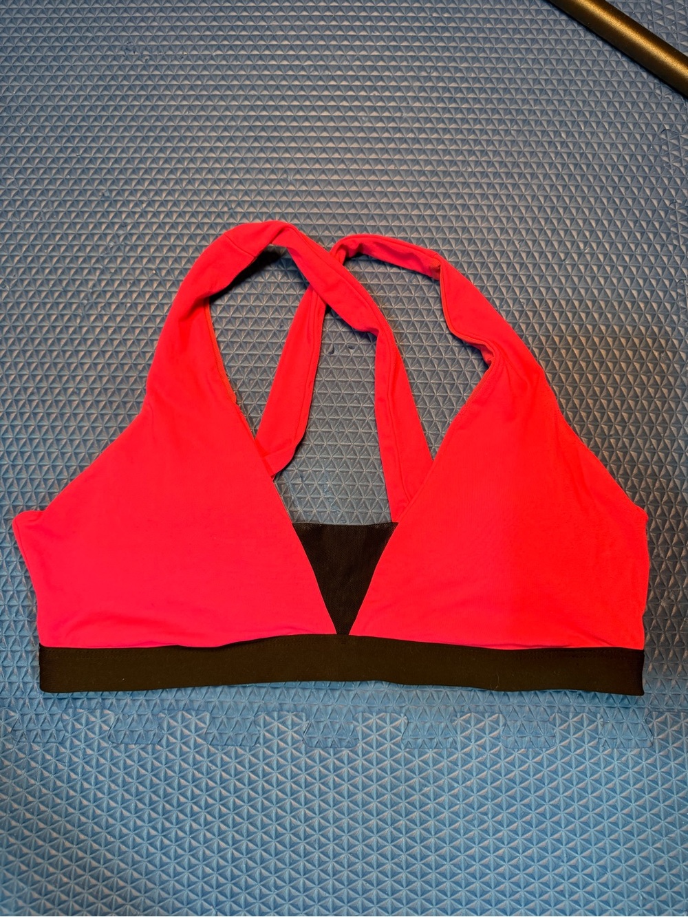 Women’s Hot Pink Fabletics Cross-back Sports Bra with Black Mesh Insert and Band